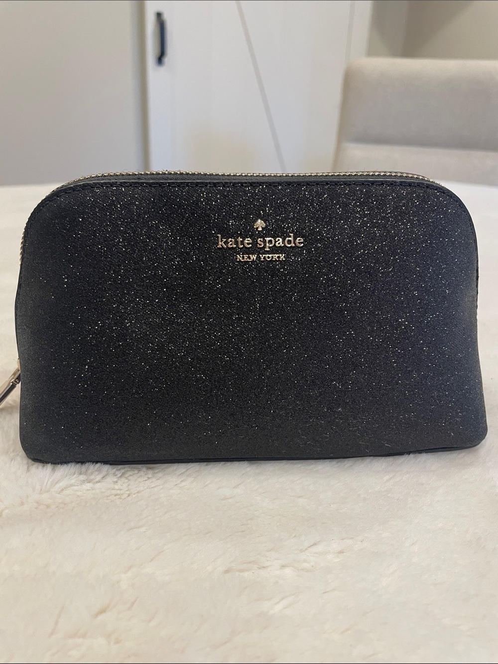 kate spade Black Sparkle Cosmetic Pouch with Gold Logo